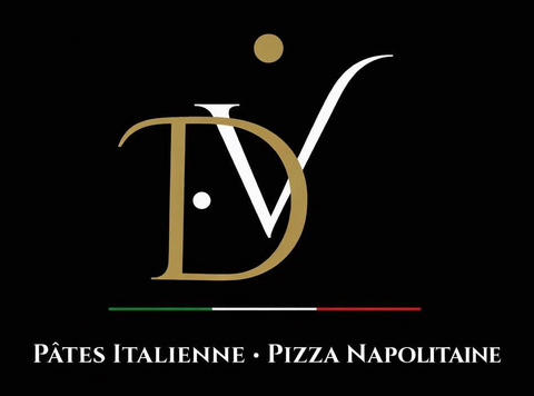 Don Vito : le monogramme DV en or et blanc, un filet aux couleurs de l'Italie, « Pâtes italienne · Pizza napolitaine »