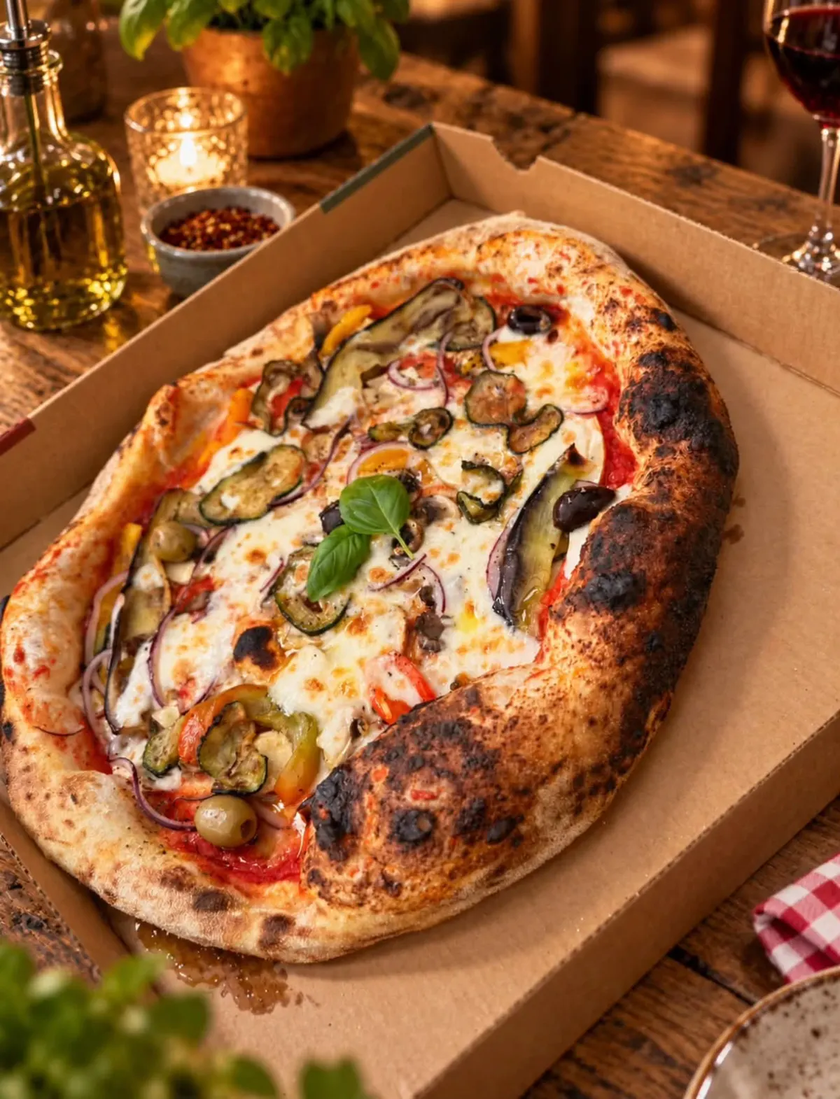 Une pizza aux légumes grillés, courgettes, aubergines, poivrons, oignons rouges et olives, dans sa boîte à emporter